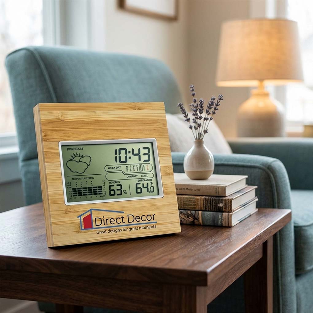 Custom bamboo digital weather clock with company logo printing for promotional and corporate gifts in Dubai