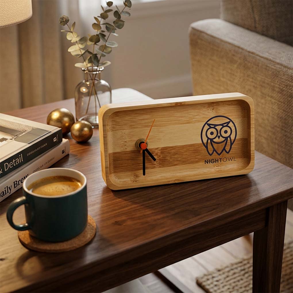 Custom wooden desk clock with company logo printing for premium corporate gifts and promotional giveaways in Dubai