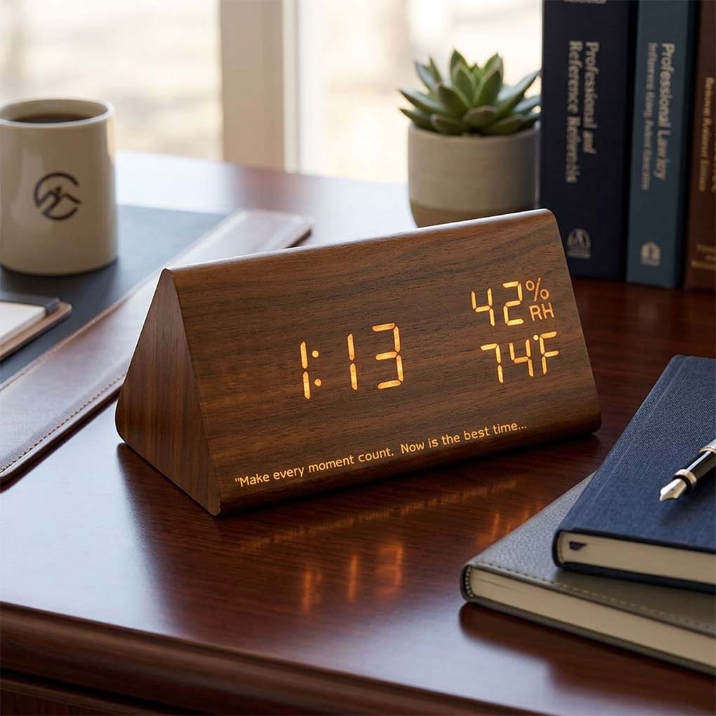 Personalized wooden digital desk clock with time, temperature and humidity display for corporate gifts in Dubai