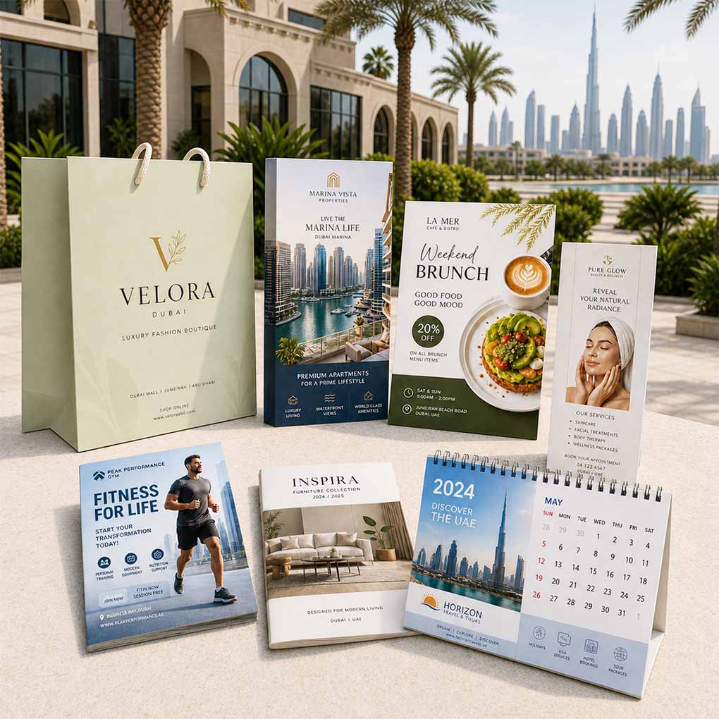 Brochure, flyer, calendar and shopping bag printing in Dubai for businesses, restaurants, real estate and retail brands