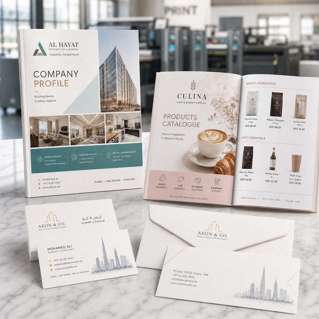 Company profile, product catalogue, business card and corporate stationery printing in Dubai