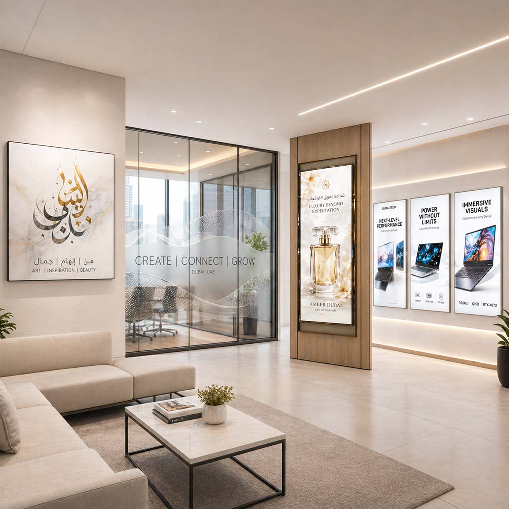 Indoor digital printing and office branding in Dubai with wall graphics, glass branding and illuminated advertising displays