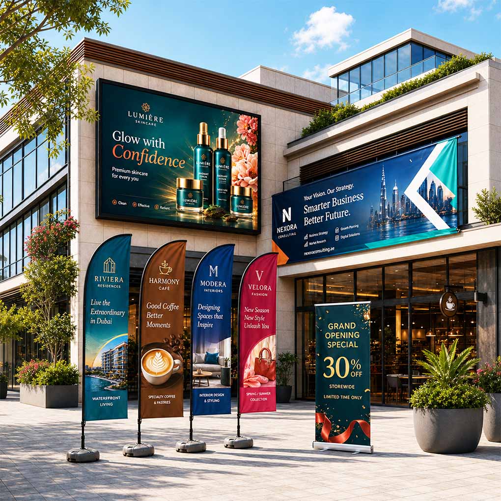 Large format digital printing in Dubai for outdoor banners, building advertising, flags and promotional displays