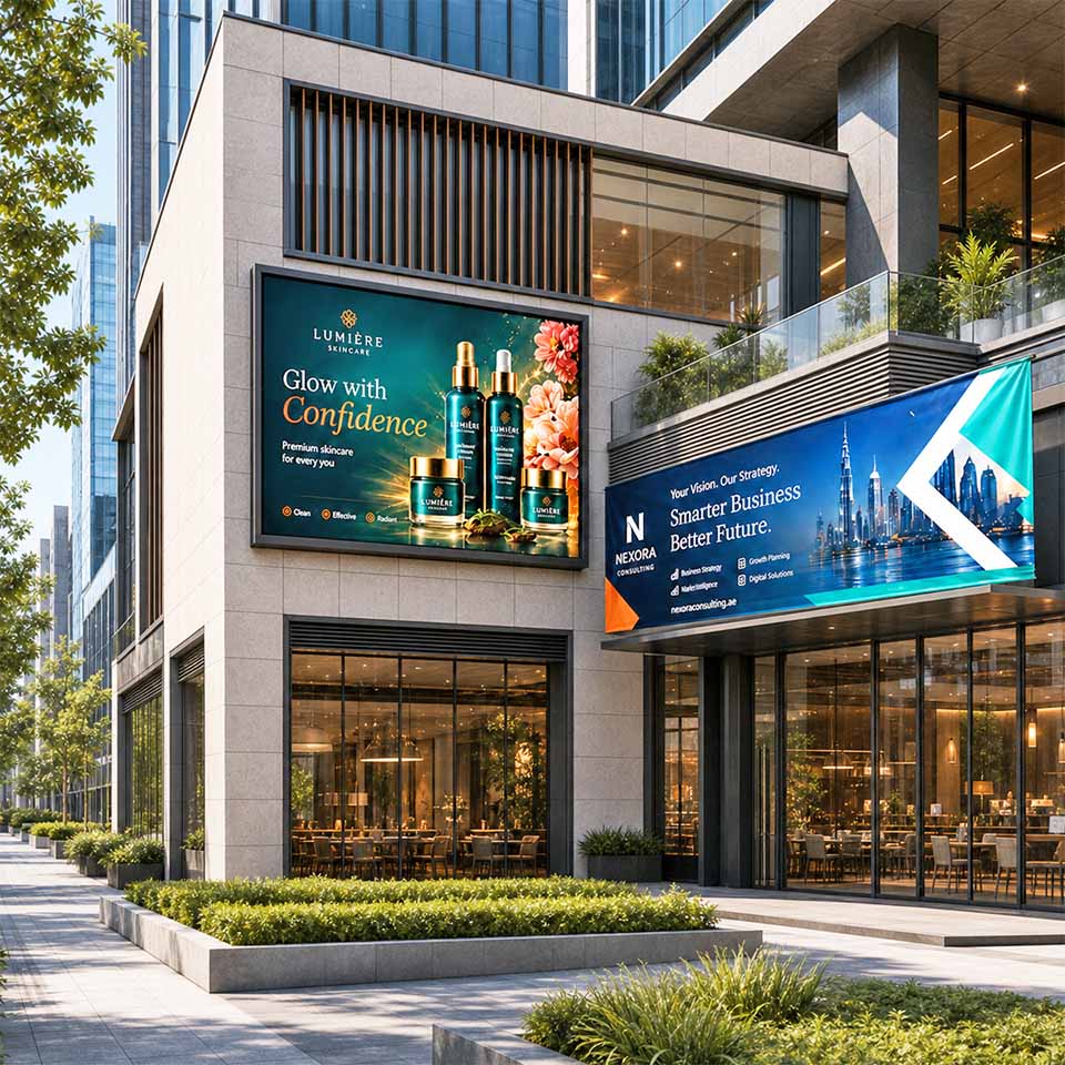 Outdoor digital printing and advertising in Dubai with large format building banners and promotional displays