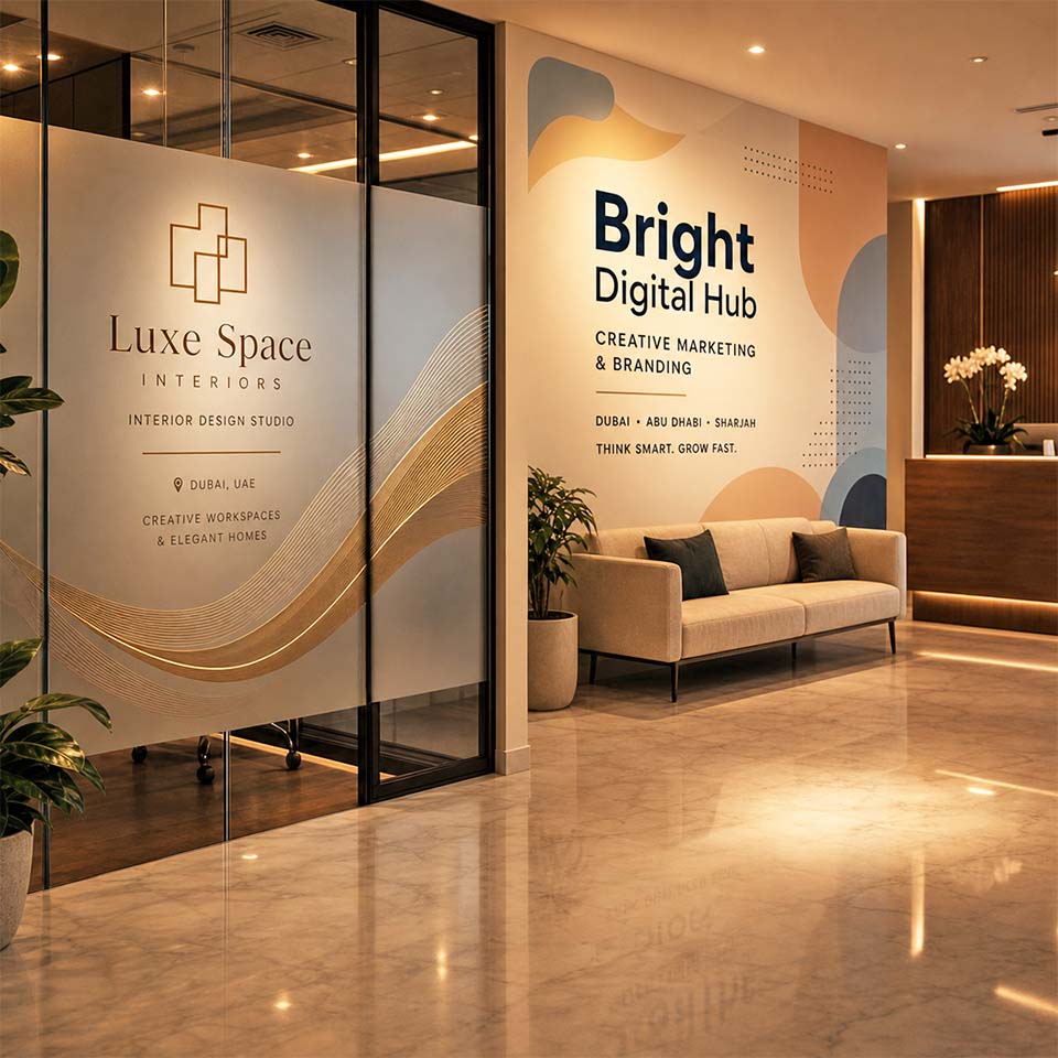 Custom wall graphics and digital printing in Dubai for office branding, glass partitions and interior advertising