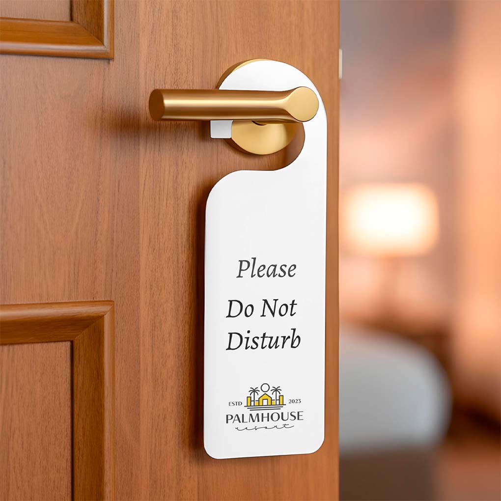 Branded hotel door hanger printing in Dubai with custom logo and do not disturb message for guest rooms