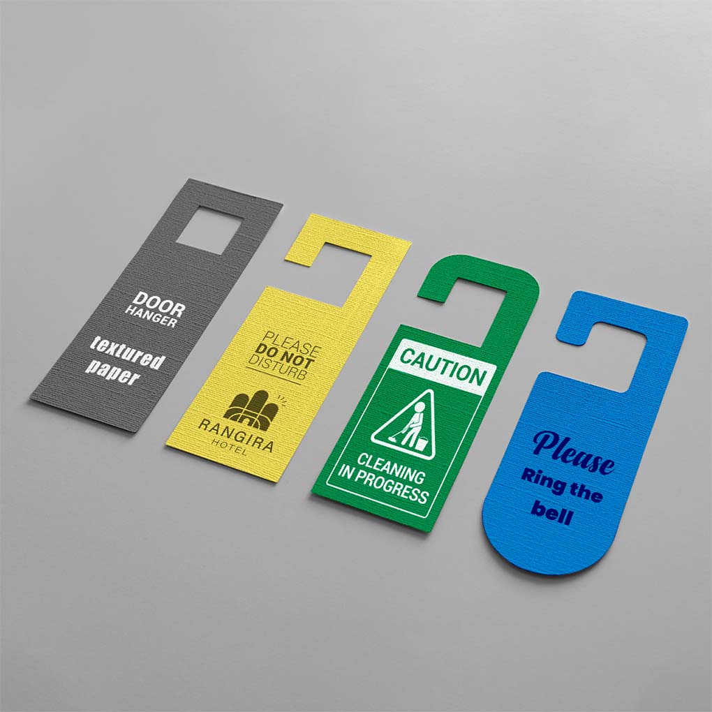 Custom door hangers printing in Dubai for hotels with do not disturb, cleaning in progress and guest service messages