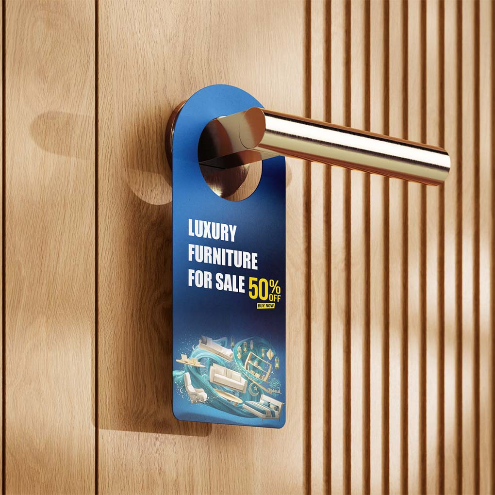 Promotional door hanger printing in Dubai for retail offers, sales promotions, hotels and business advertising