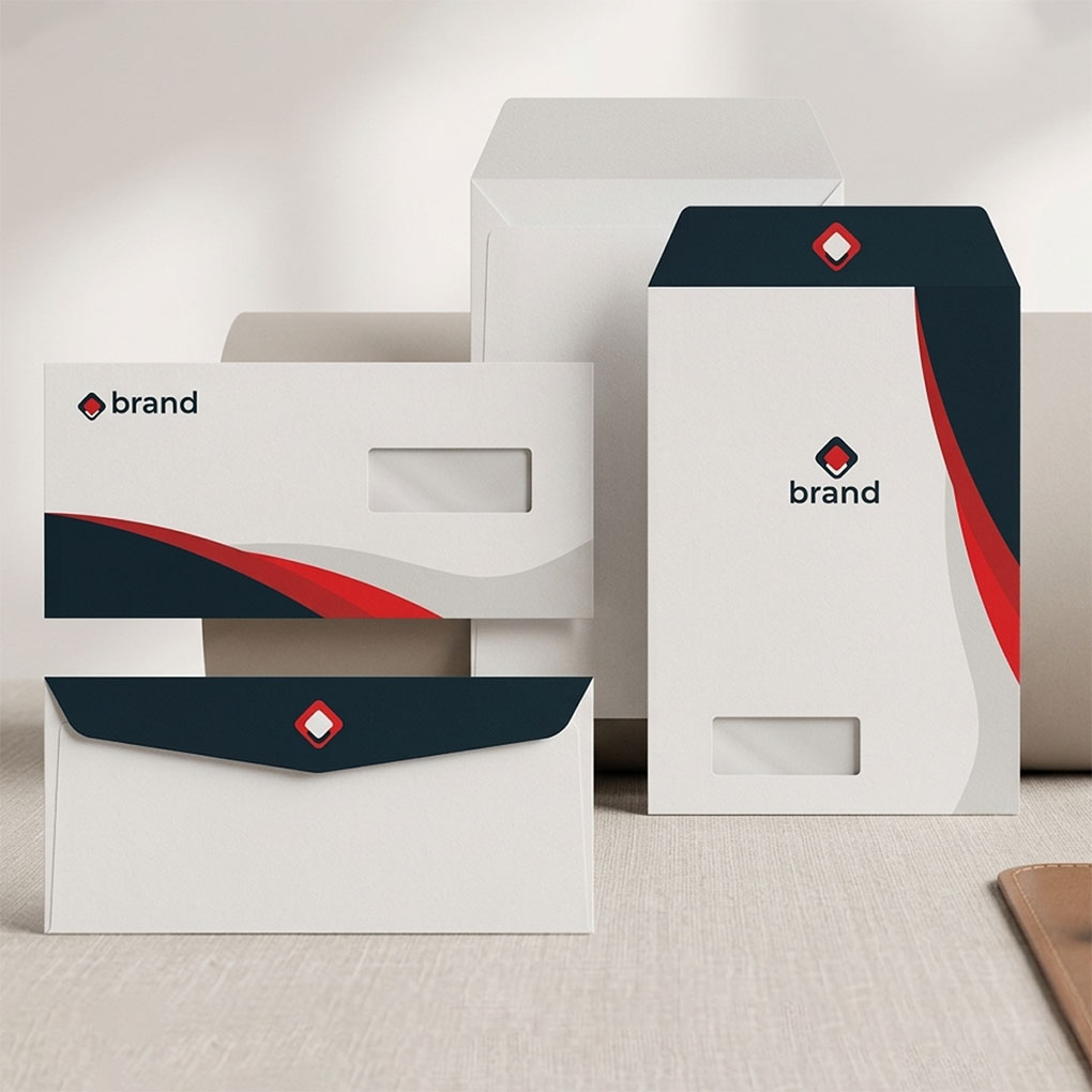 Custom envelope printing in Dubai with branded corporate designs, company logo and multiple business envelope sizes