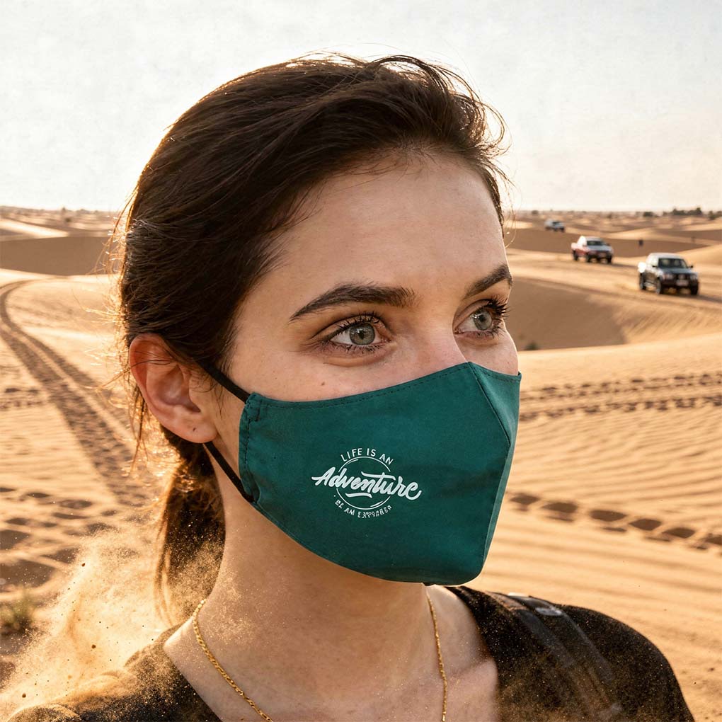 Custom fabric face mask printing in Dubai with personalized logo design for promotional events outdoor activities and branding