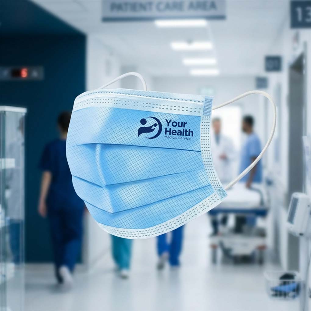 Custom surgical face mask printing in Dubai with healthcare logo for hospitals clinics medical centers and staff