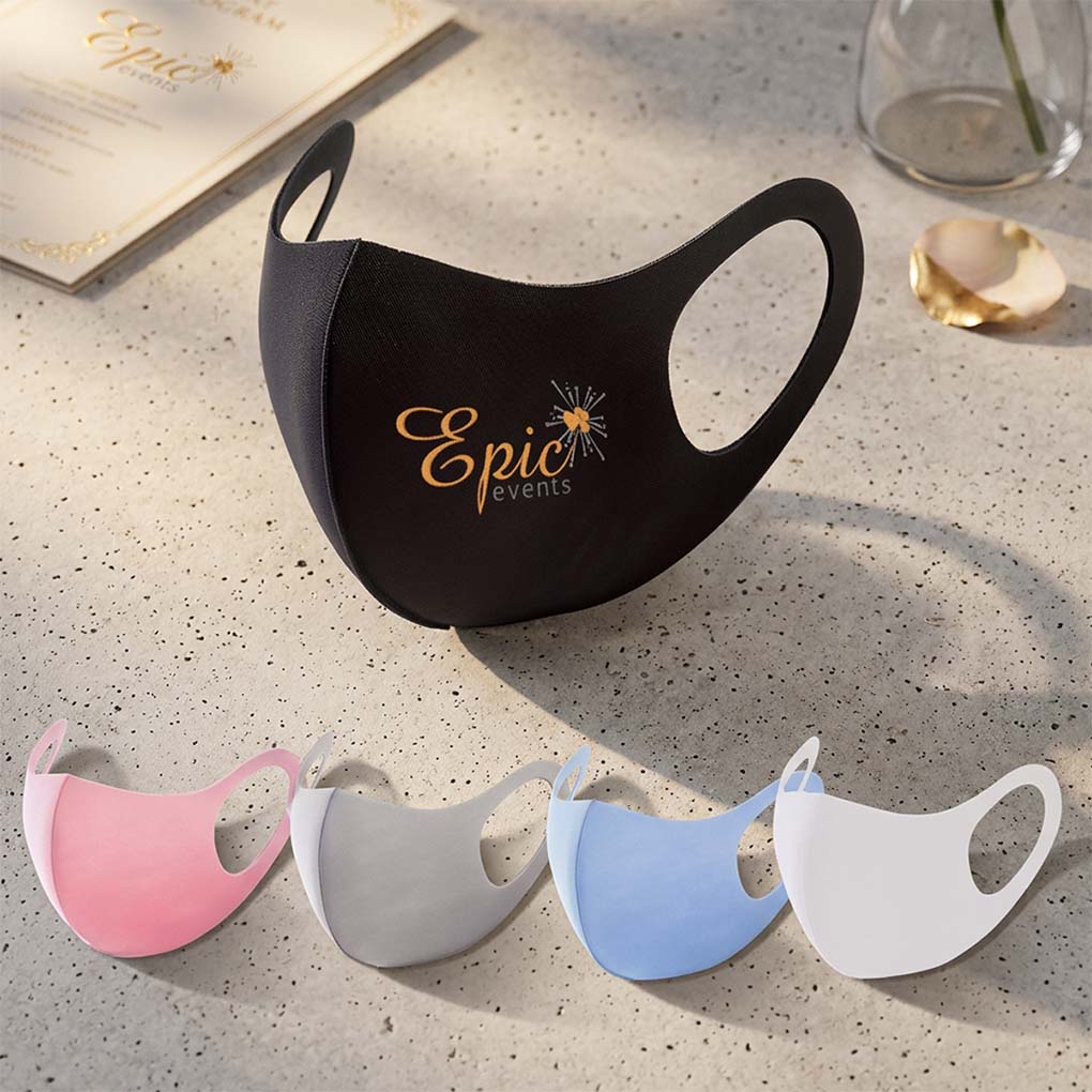 Promotional face mask printing in Dubai with custom logo and multiple colors for companies events staff and corporate branding
