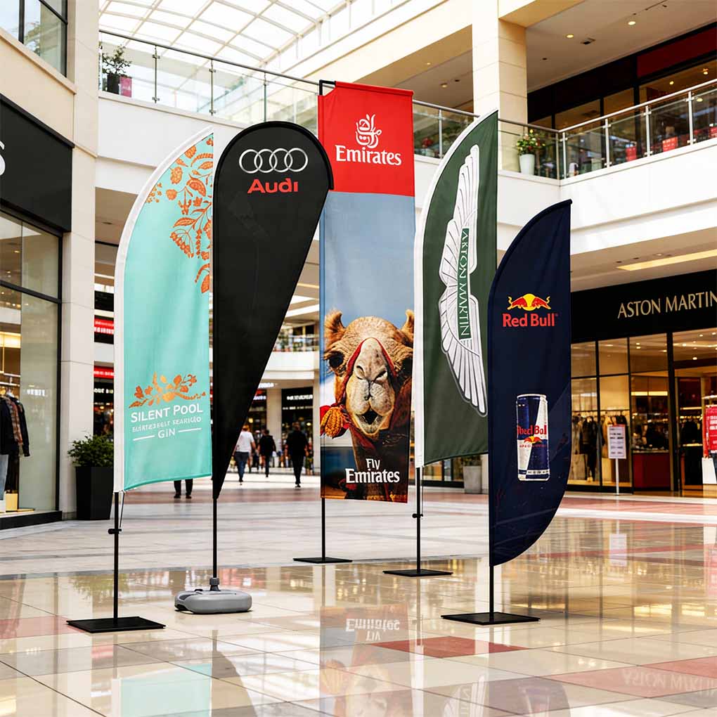 Custom advertising flag printing in Dubai for brands retail stores exhibitions events and promotional displays
