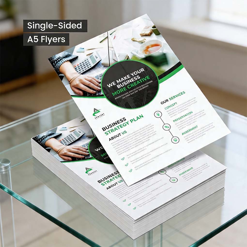 A5 flyer printing in Dubai with custom single-sided business promotional flyer design