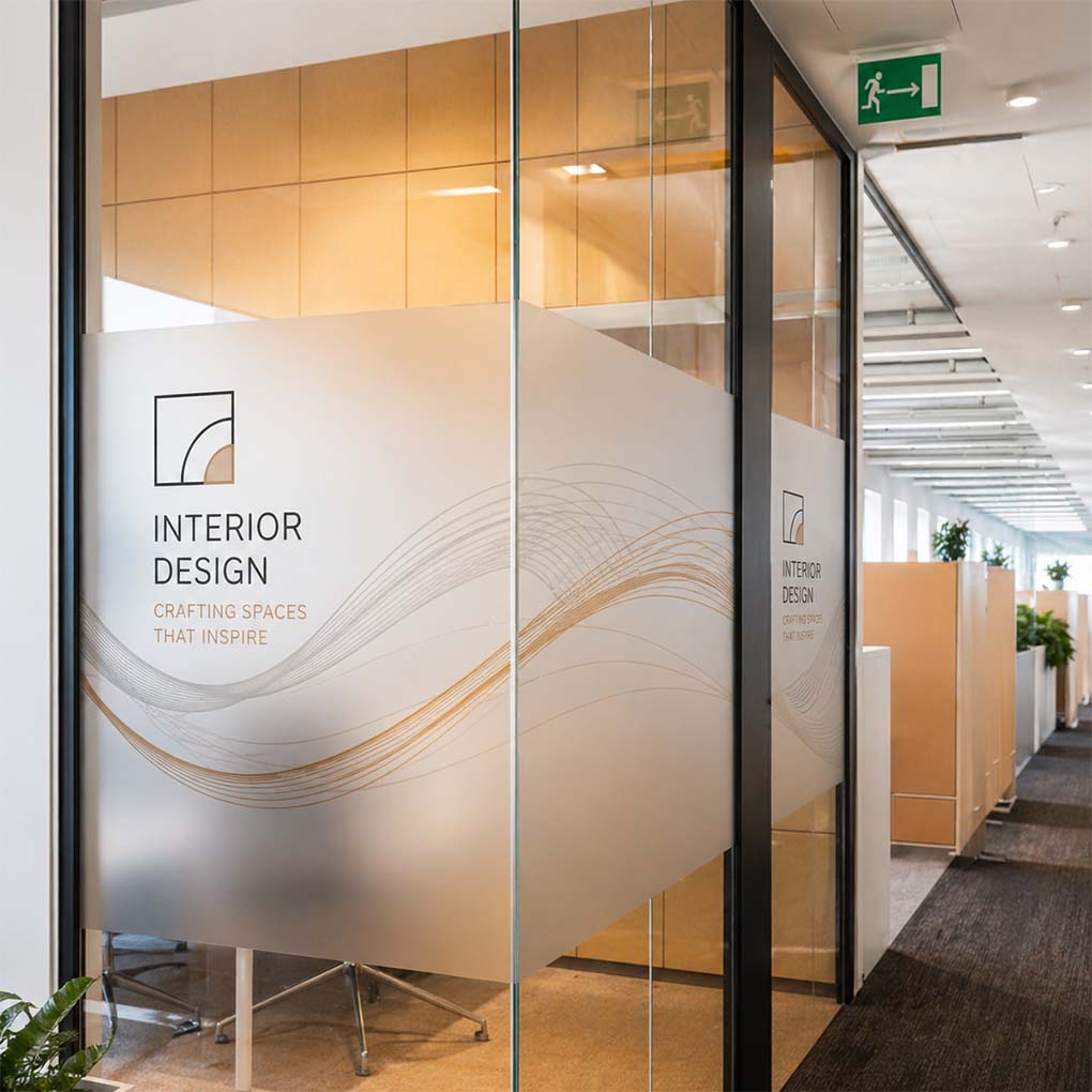 Custom frosted glass sticker for office partitions in Dubai with printed logo and decorative privacy design