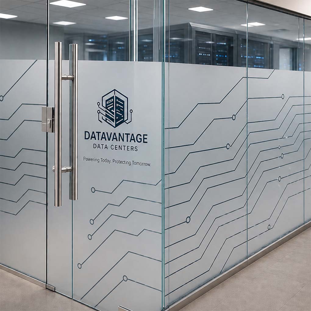 Custom logo frosted glass film in Dubai with branded circuit pattern for corporate office glass partitions