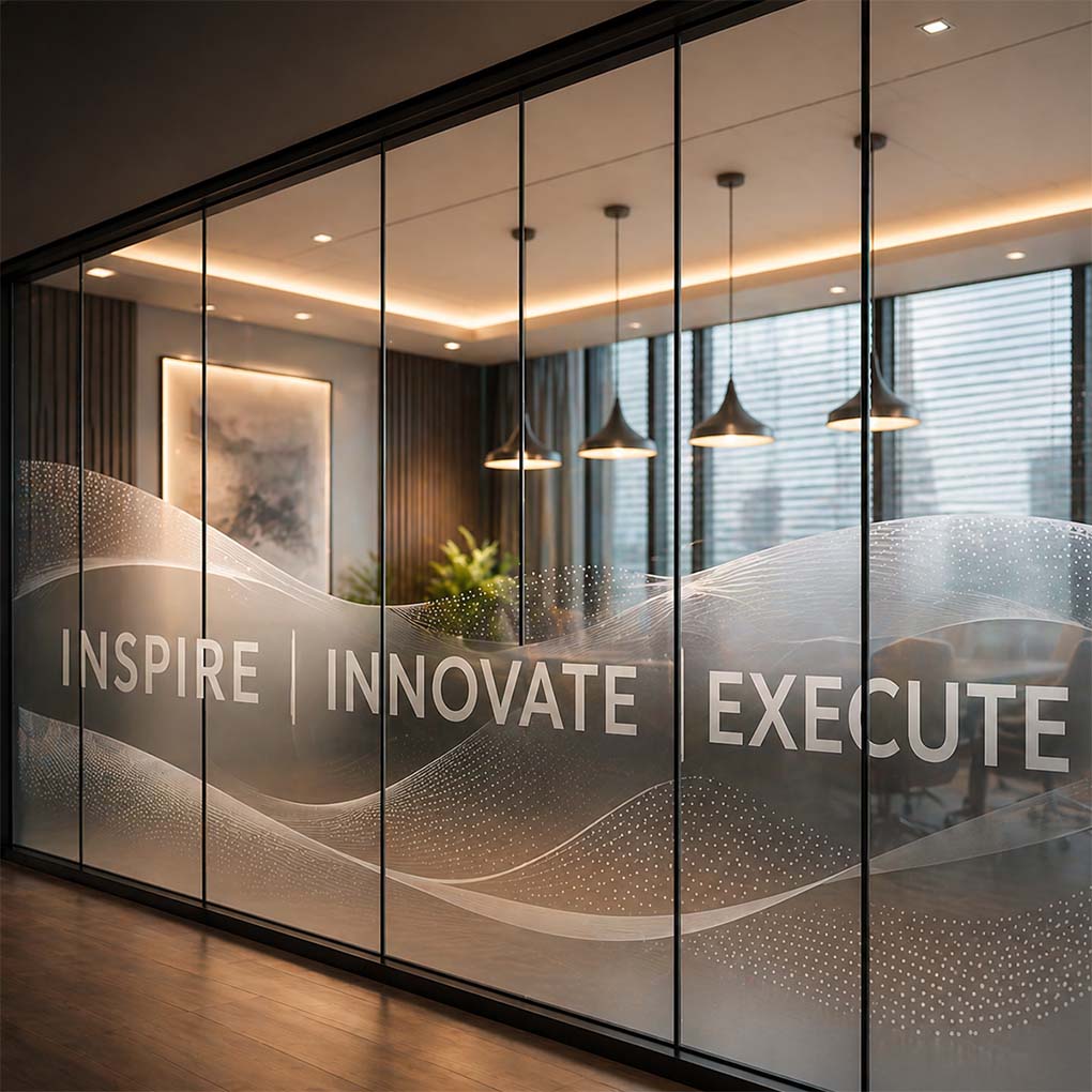 Custom printed frosted glass film in Dubai with corporate text and wave graphics for modern office partitions