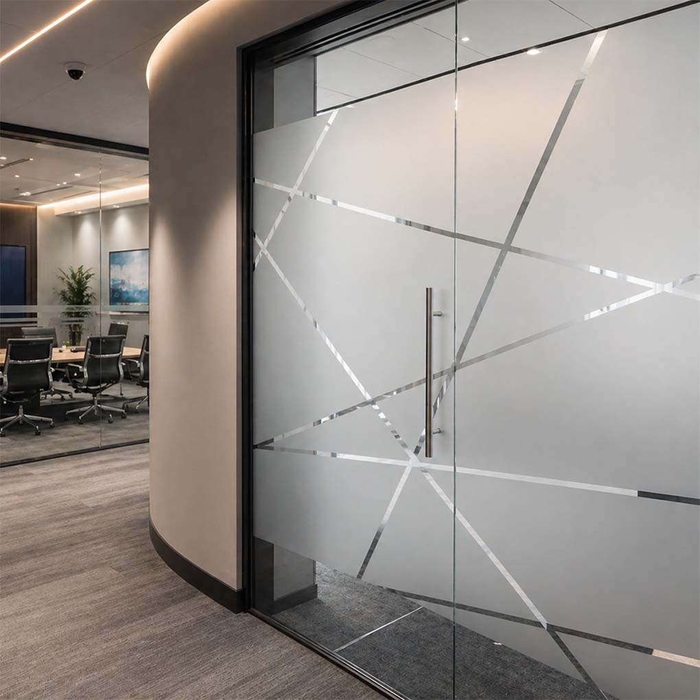 Decorative frosted glass sticker in Dubai with custom geometric cut-out design for office glass doors
