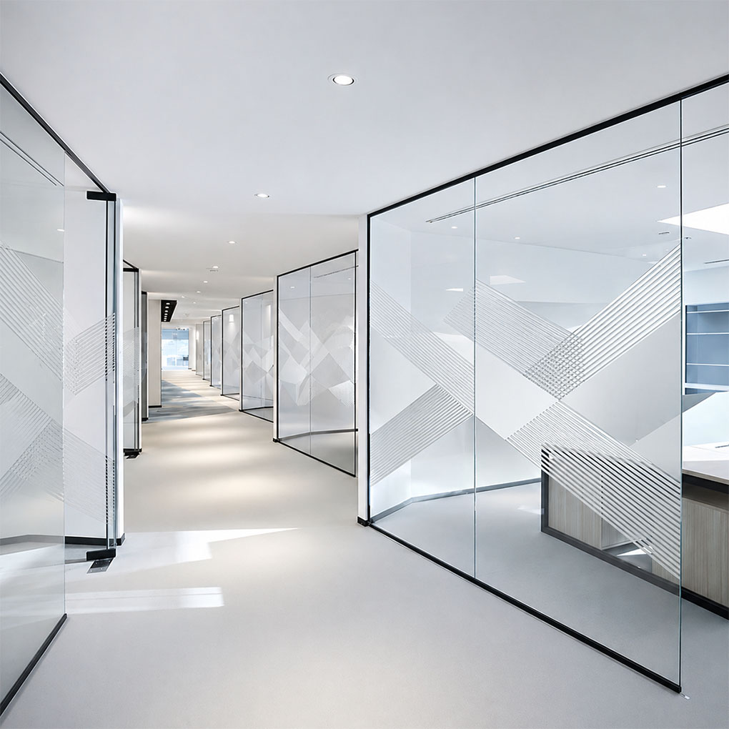 Frosted glass partition sticker in Dubai with modern geometric line pattern for office privacy and decoration