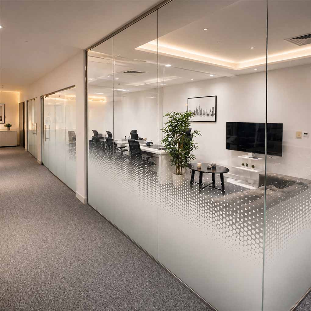 Office frosted glass film in Dubai with gradient dot privacy pattern on modern glass meeting room partitions