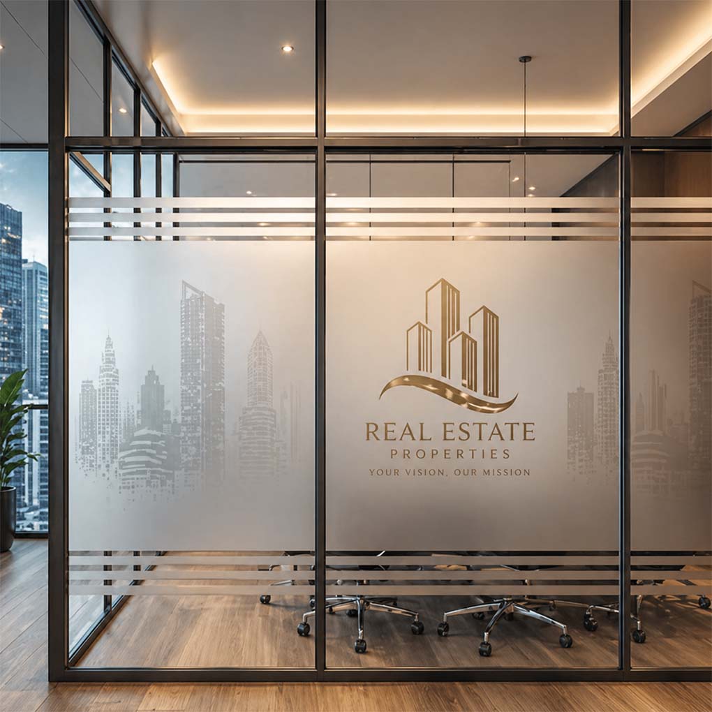 Office glass branding with frosted film in Dubai featuring custom company logo and skyline design on meeting room glass