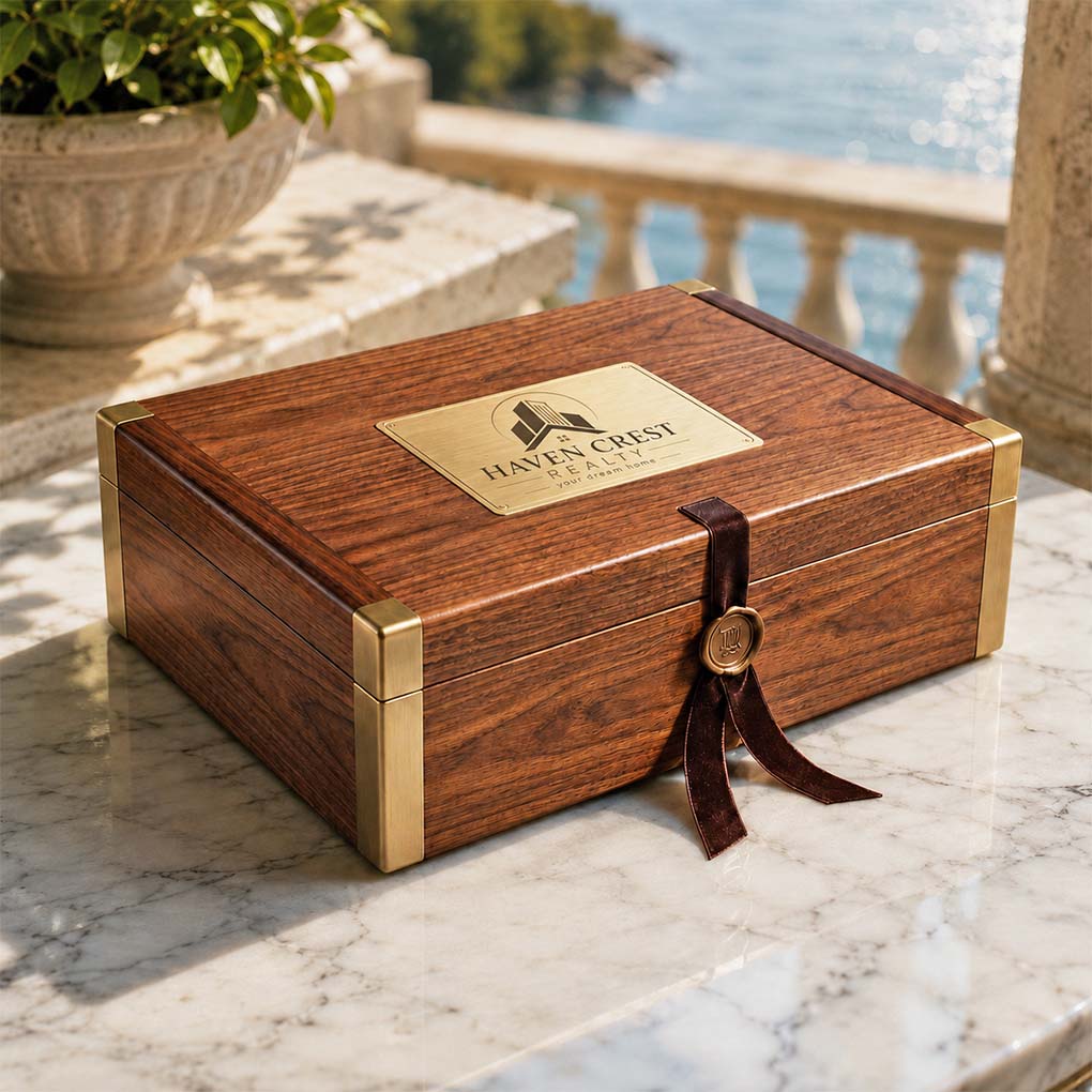 Corporate wooden gift box branding in Dubai with custom metal logo plate, brass corners and premium finish
