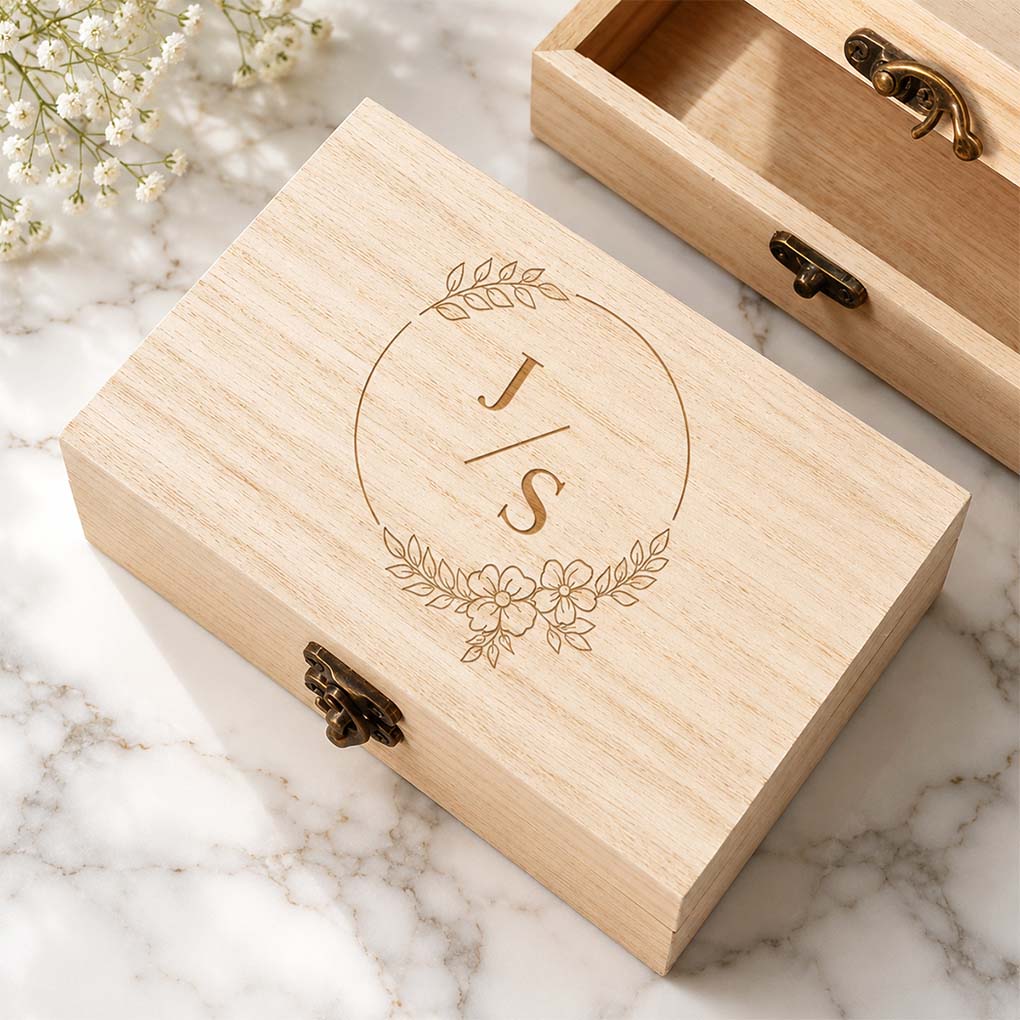Custom wooden gift box laser engraving in Dubai with personalized initials and decorative floral design