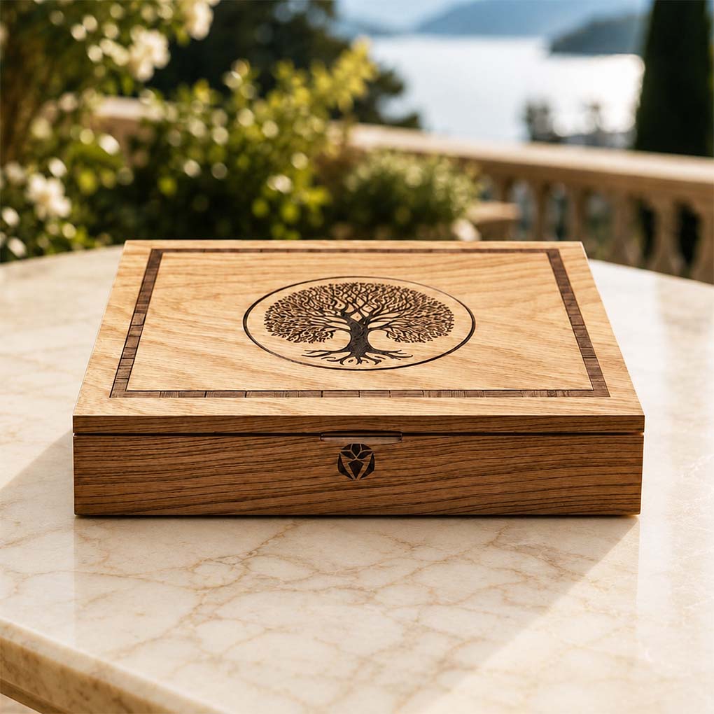 Laser engraved wooden gift box in Dubai with detailed tree design and premium natural wood finish