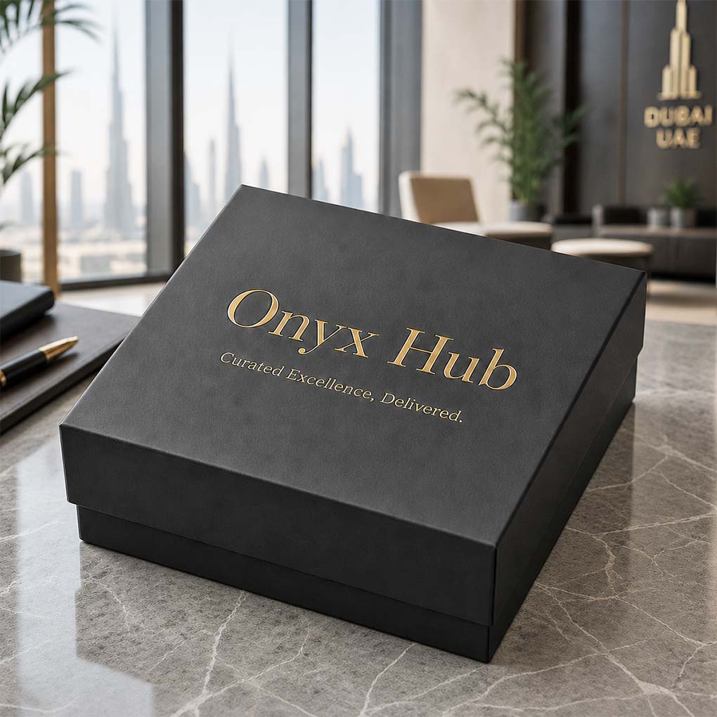 Luxury corporate gift box in Dubai with premium black finish and custom gold foil company branding