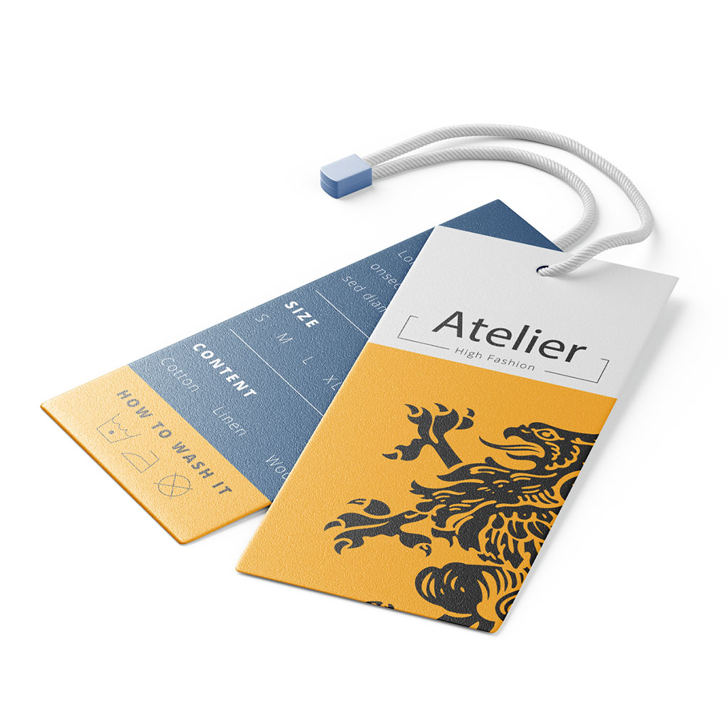 Custom clothing hang tag printing in Dubai with branded fashion labels and premium string attachment