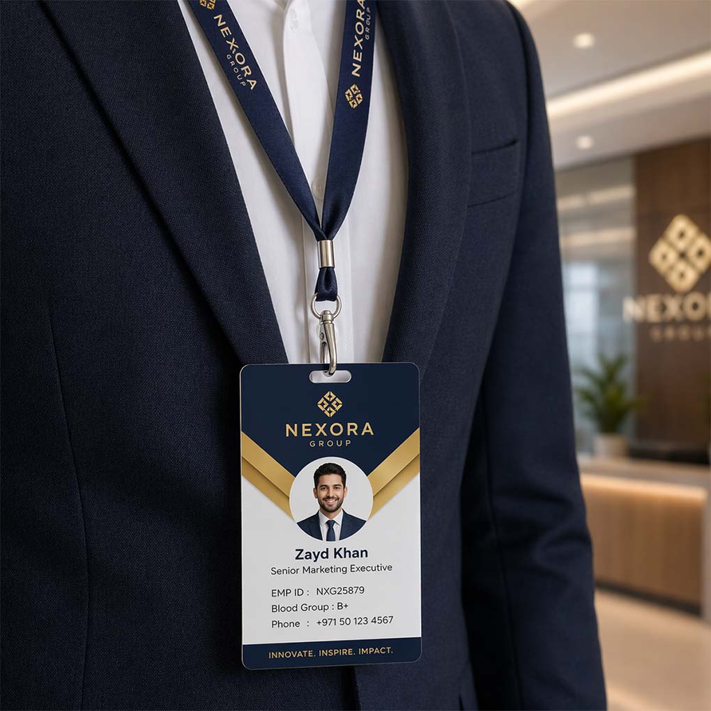 Corporate employee ID card and branded lanyard printing with custom company logo in Dubai