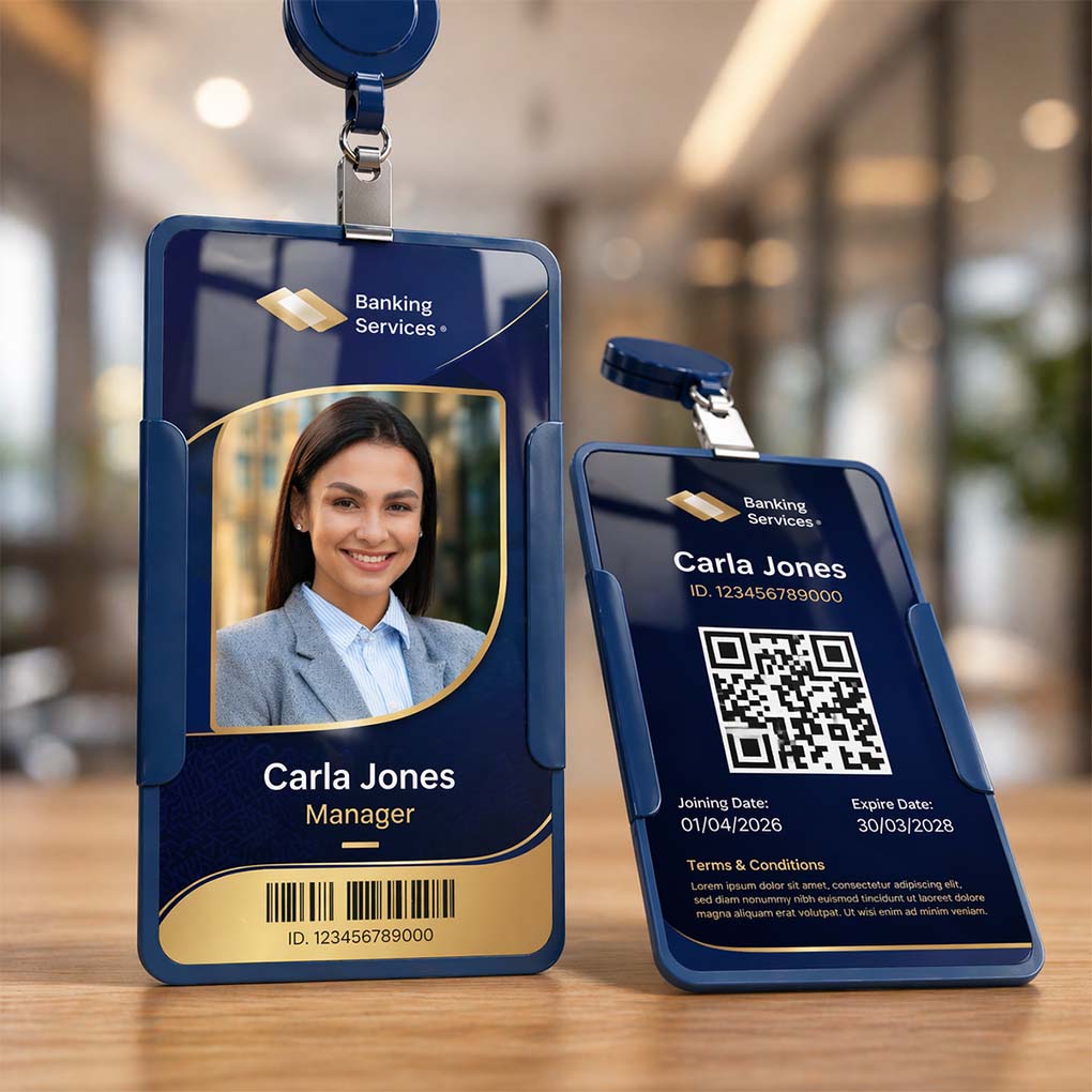 Custom employee ID card printing with photo, QR code and barcode in Dubai