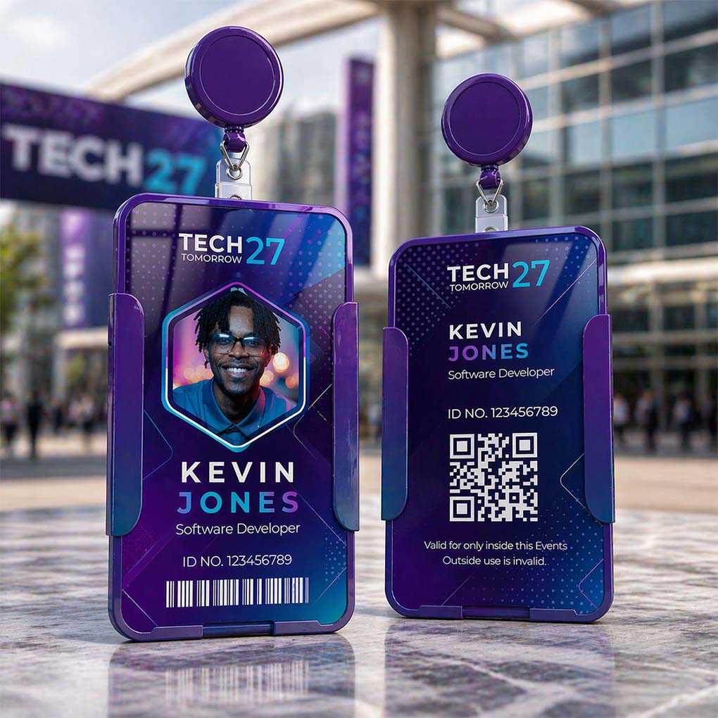 Custom event ID badge printing with photo, QR code and barcode for exhibitions in Dubai
