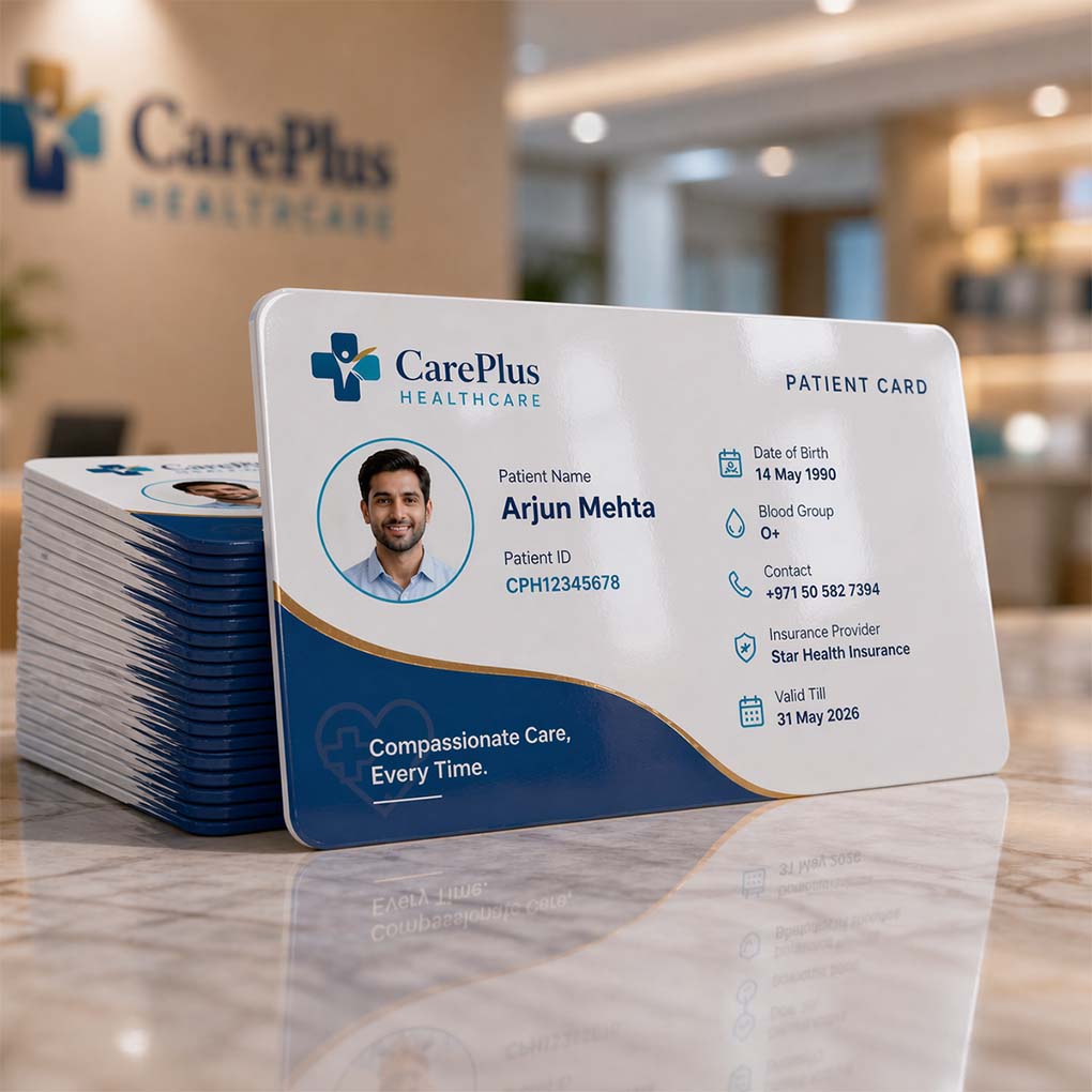 Custom healthcare patient PVC ID card printing for hospitals and clinics in Dubai