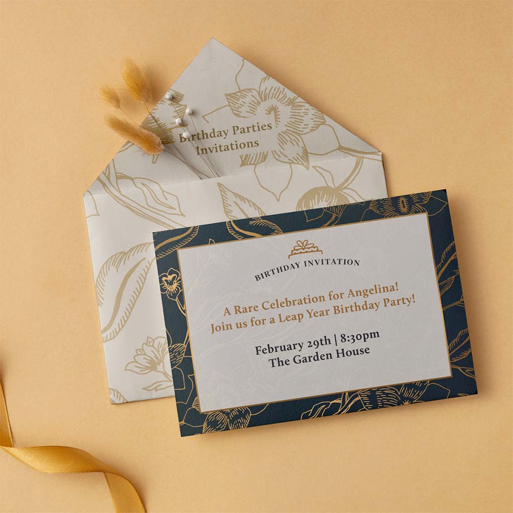 Birthday invitation card printing in Dubai with custom premium card and matching printed envelope