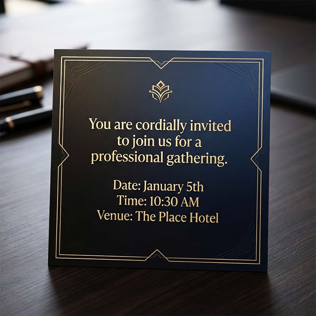 Corporate event invitation card printing in Dubai with premium black and gold design