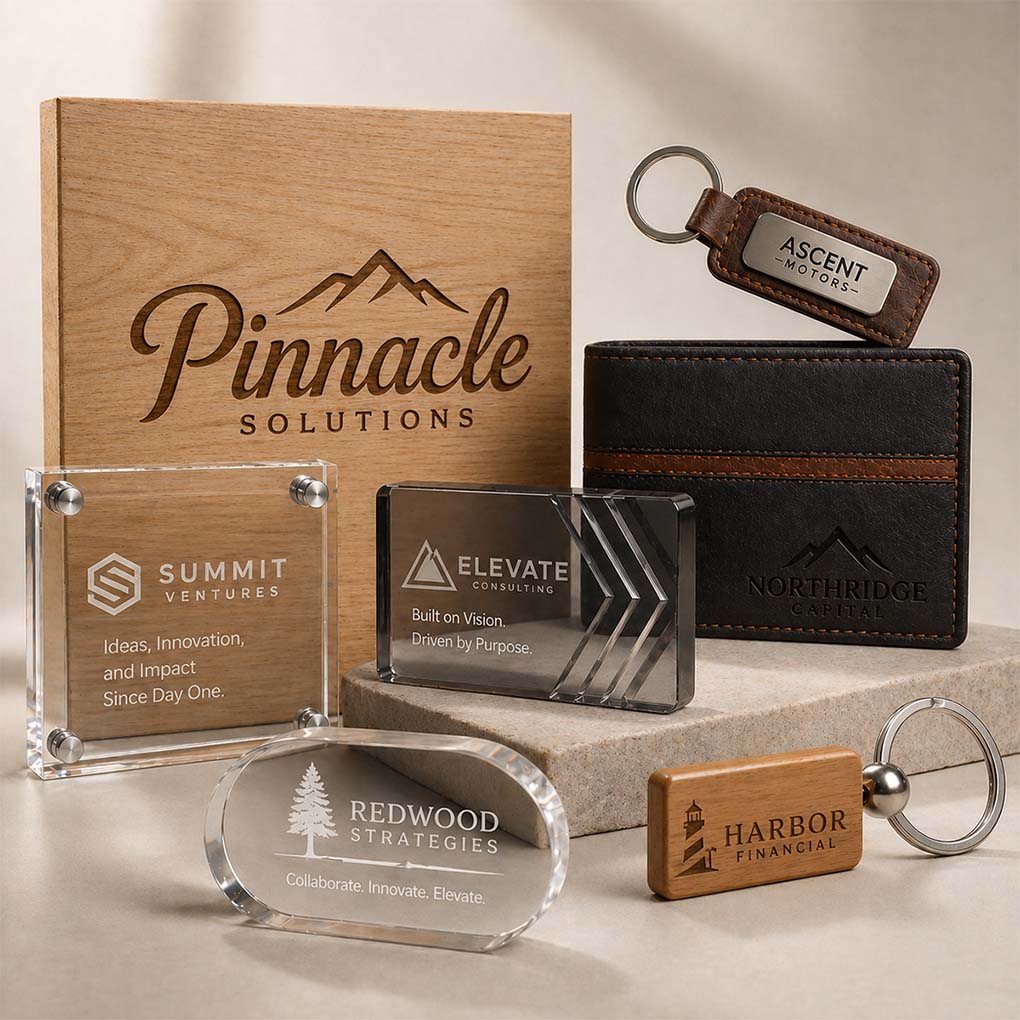 Corporate gift laser engraving in Dubai on wood, acrylic, glass, leather wallets and keychains