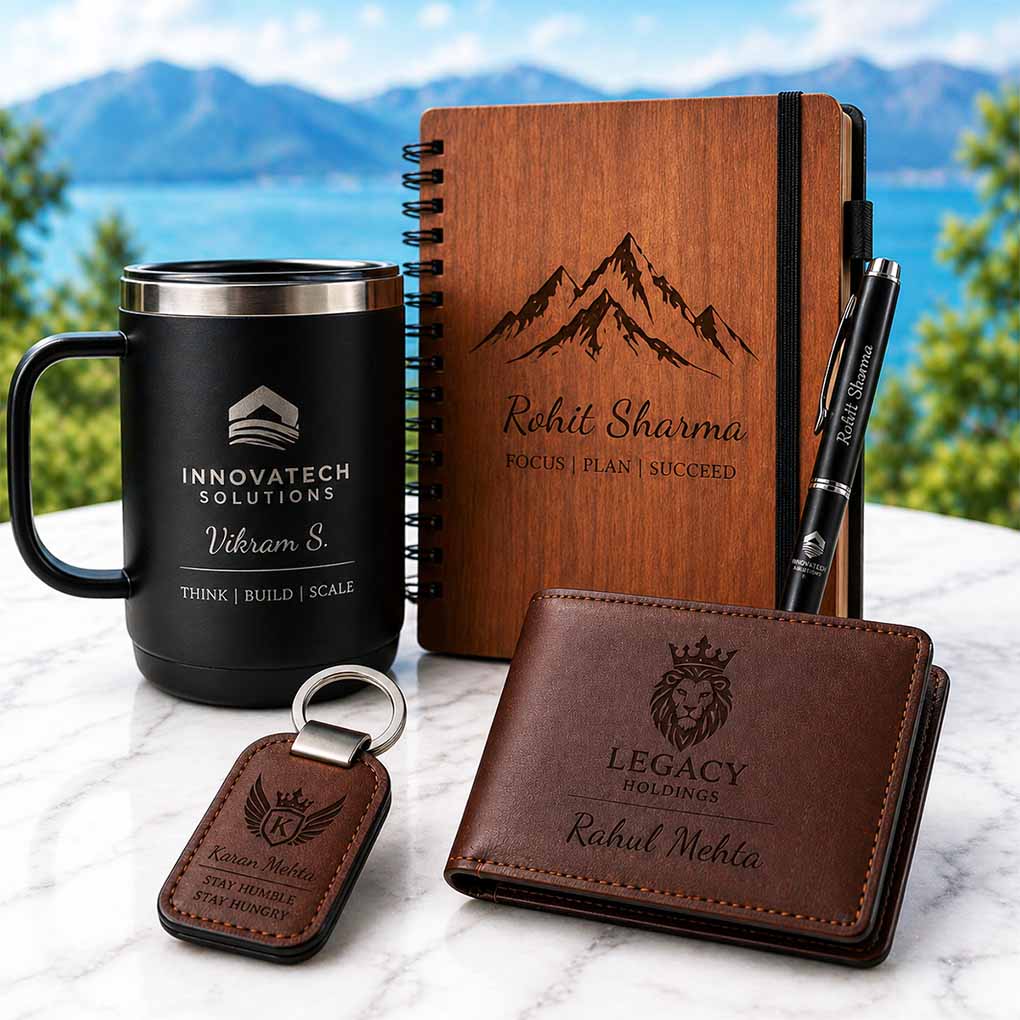 Corporate logo laser engraving in Dubai on notebooks, mugs, pens, leather wallets and keychains