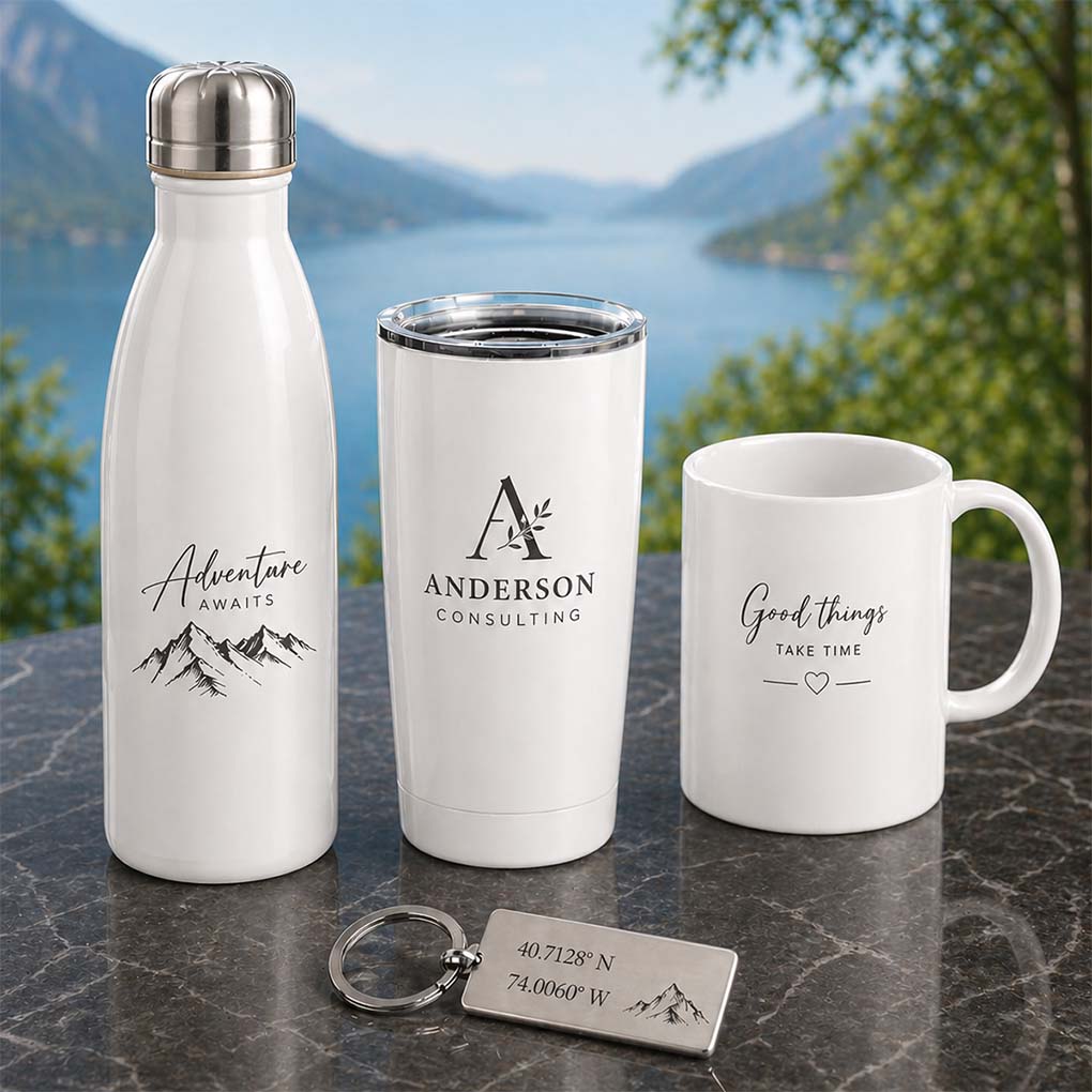 Custom laser engraving in Dubai on bottles, tumblers, mugs and metal keychains for personalized gifts