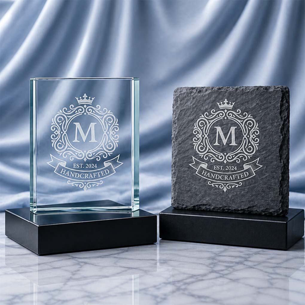Custom laser engraving in Dubai on glass and stone awards, plaques and personalized corporate gifts