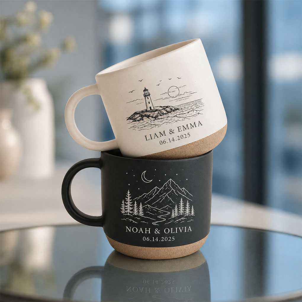 Personalized mug laser engraving in Dubai with custom names, dates and detailed artwork