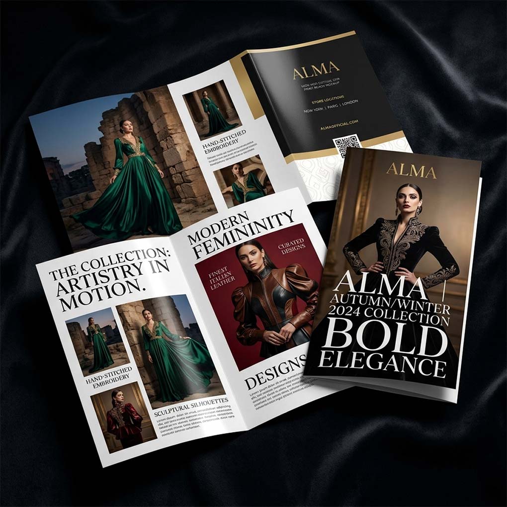 Premium tri-fold brochure printing in Dubai for fashion brands, retail marketing and product collections