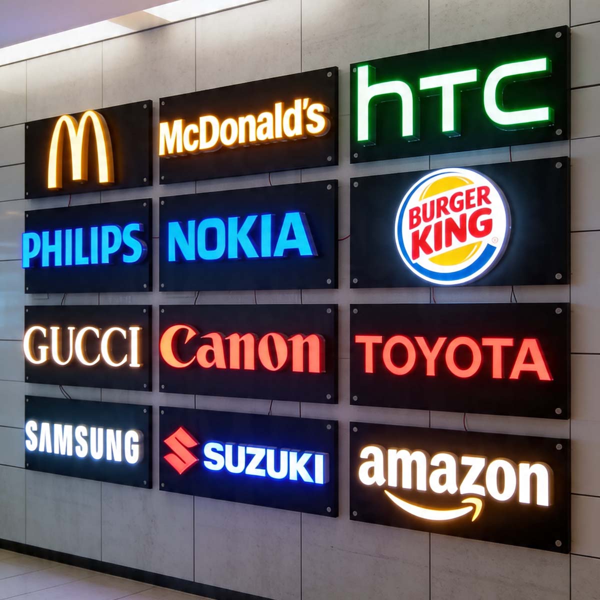 Custom LED logo sign boards in Dubai displaying illuminated business logos and commercial signage