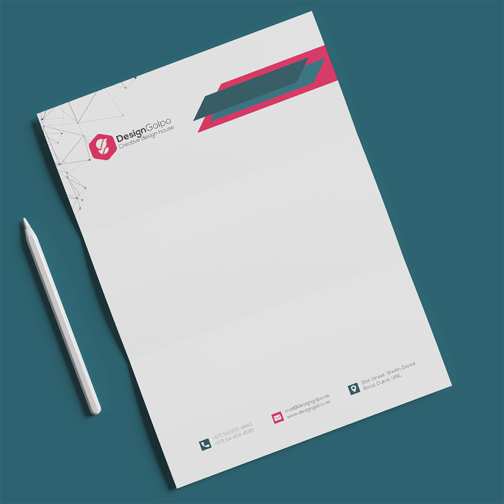 Branded letterhead printing in Dubai with modern graphic design for professional corporate stationery