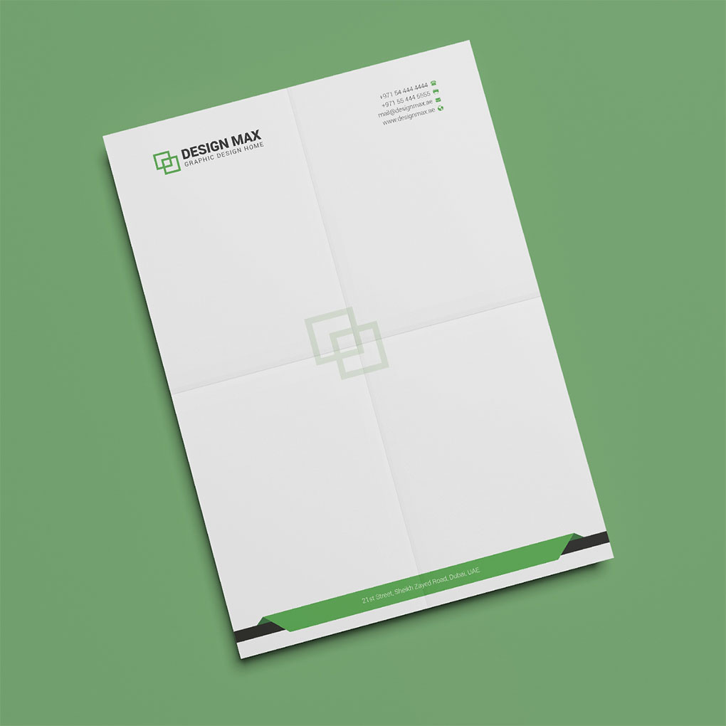Business letterhead printing in Dubai with professional green corporate branding and custom company stationery