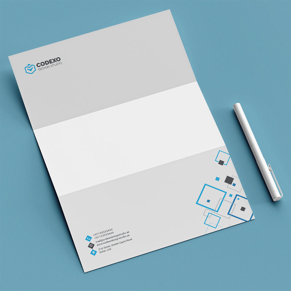 Custom letterhead design and printing in Dubai with modern corporate branding and business contact details