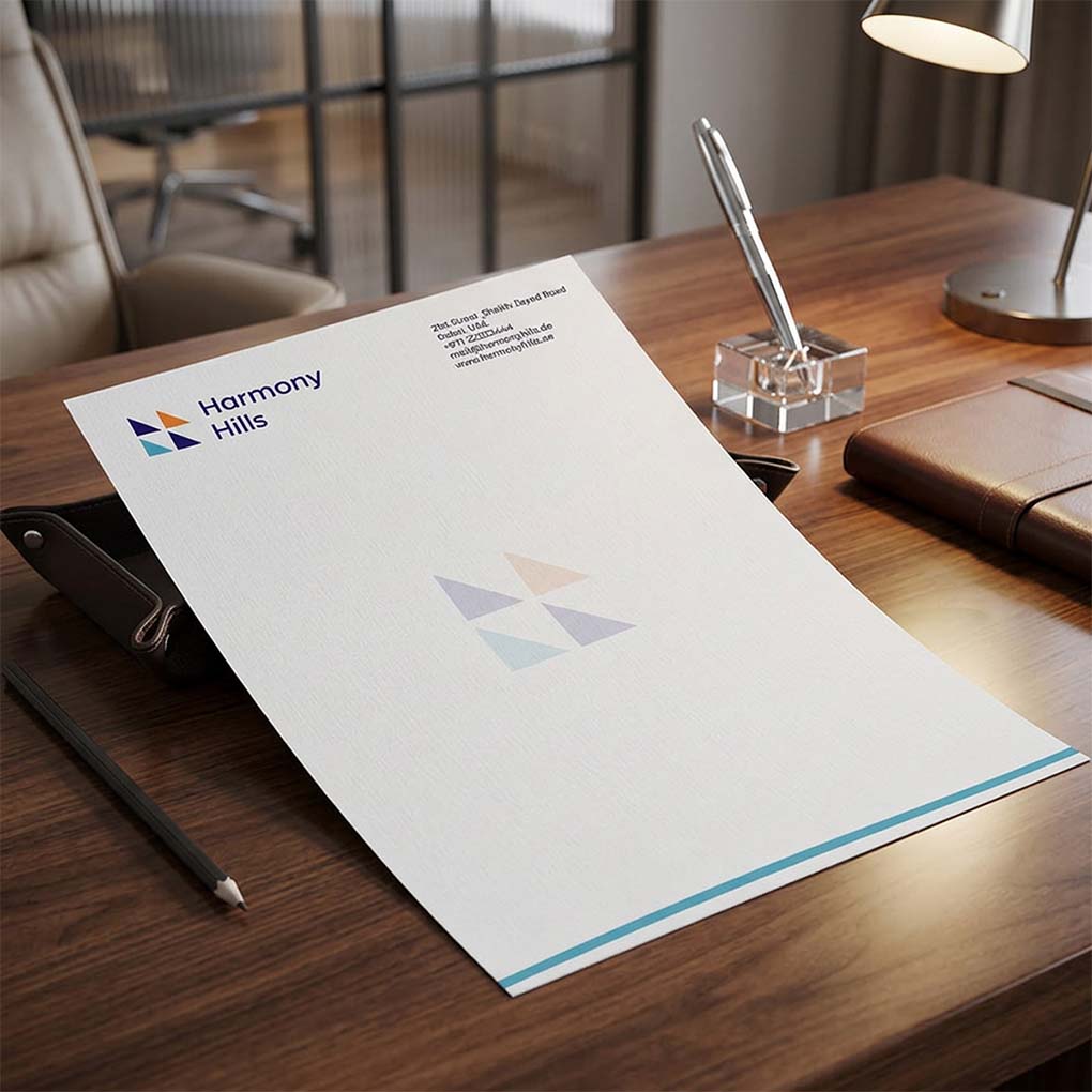 Professional company letterhead printing in Dubai featuring custom logo and clean corporate stationery design