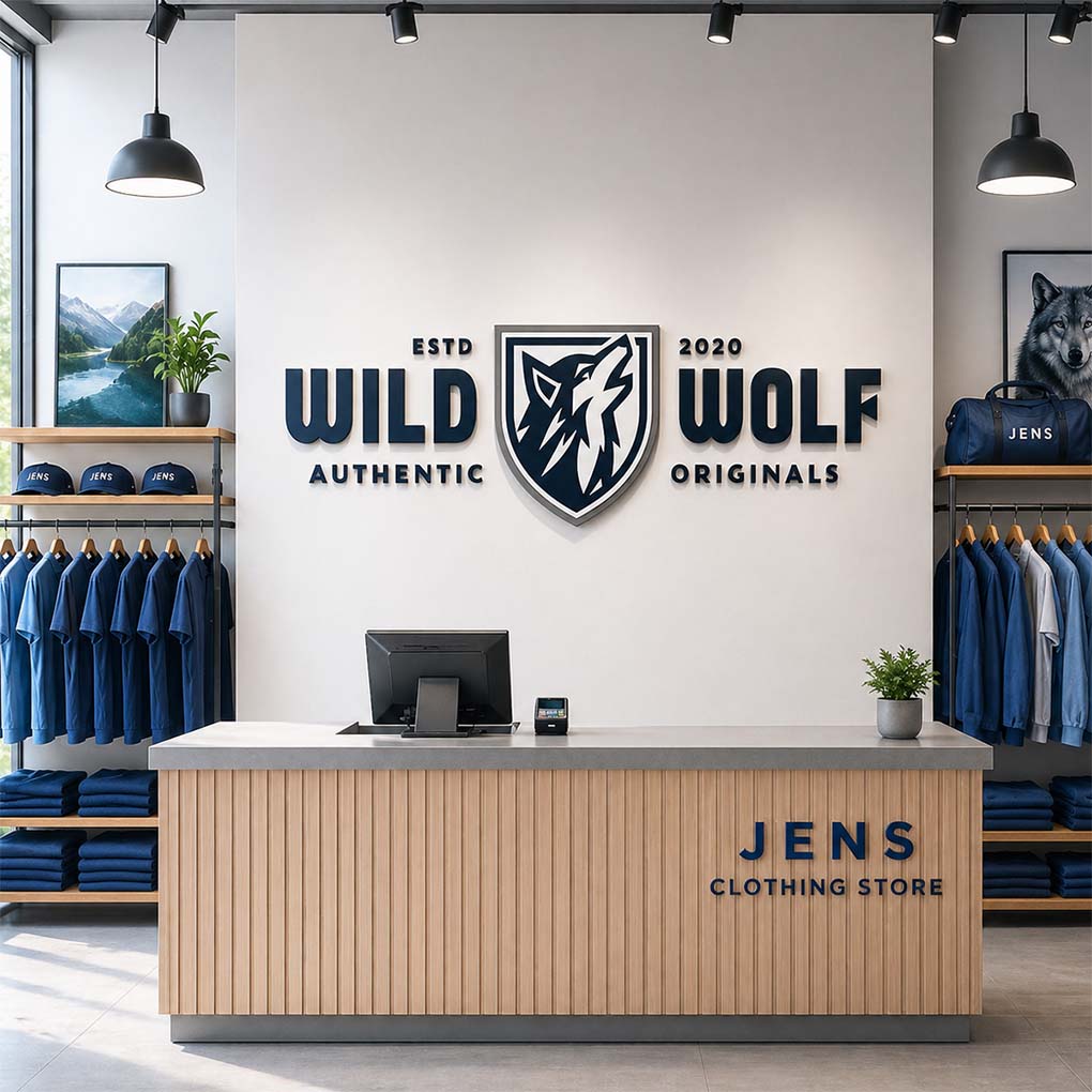 Retail store logo design and corporate branding in Dubai with custom 3D wall logo signage