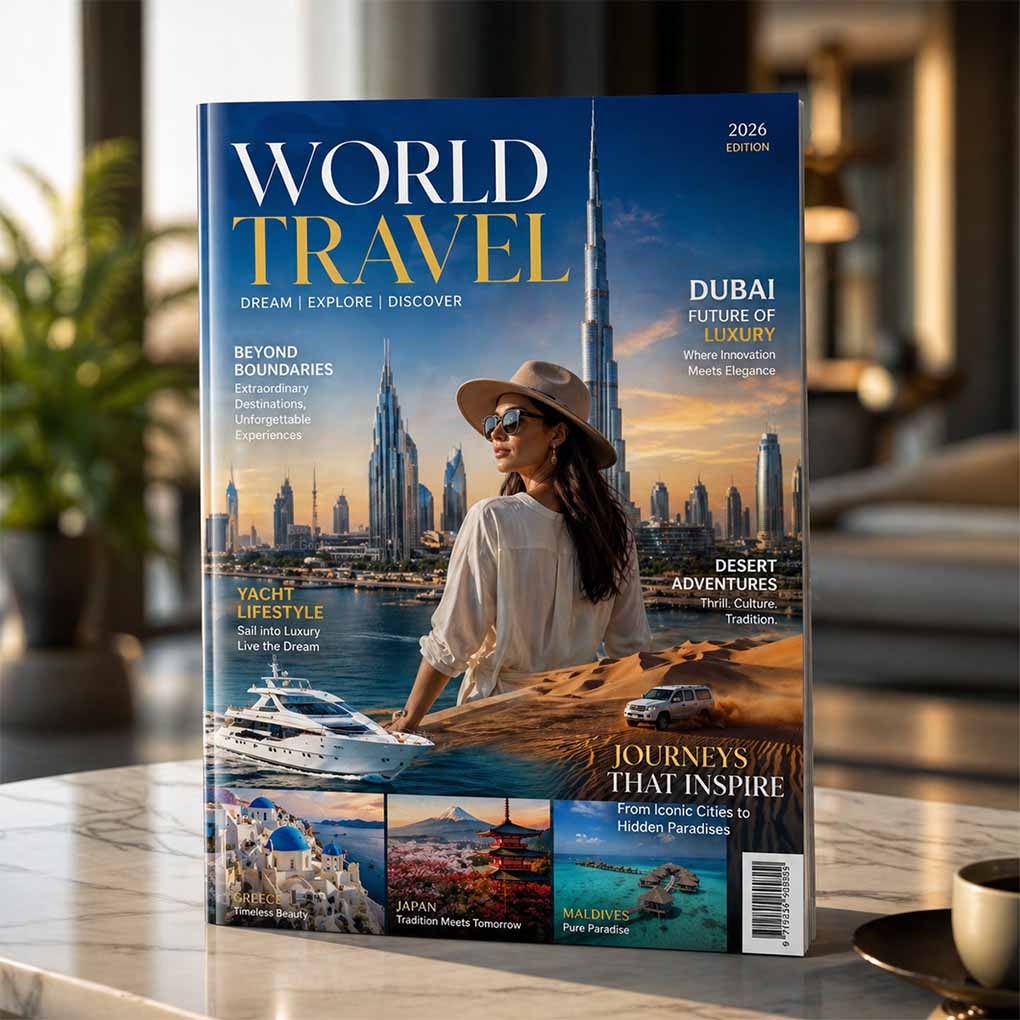 Premium travel magazine printing in Dubai with full color glossy cover and professional binding