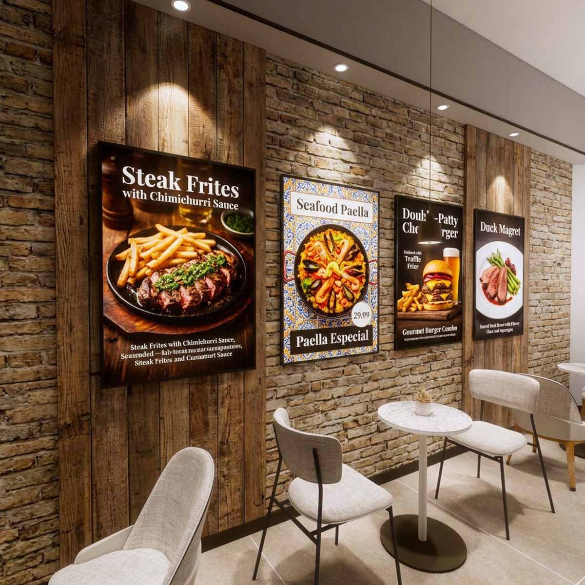 Restaurant magnetic light box displays with illuminated food menu posters in Dubai